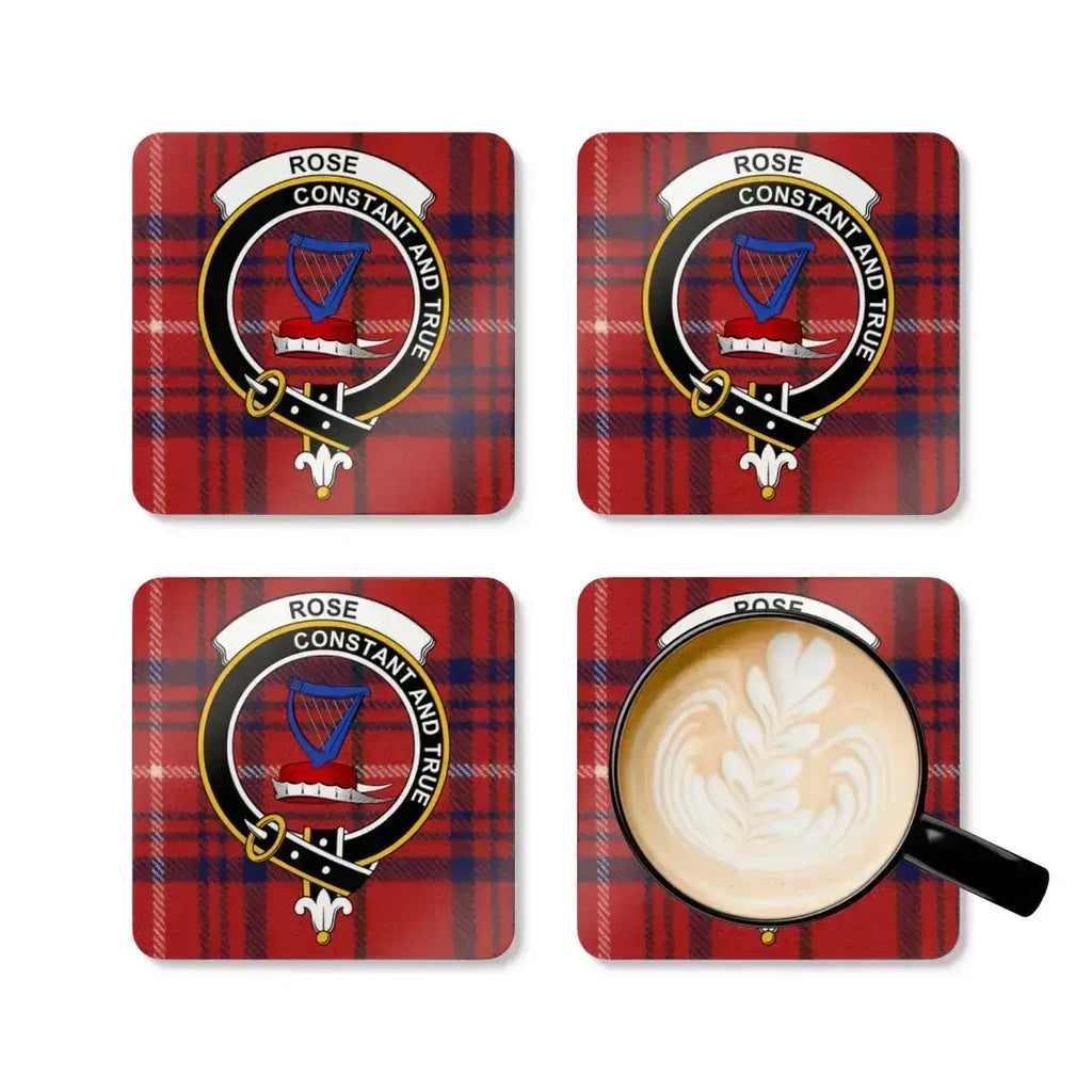 Rose constant and true clan crest coasters — red tartan design, full set view