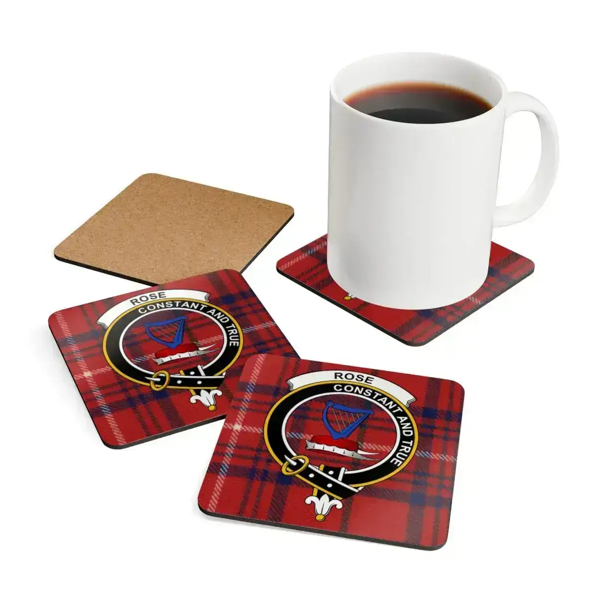 Clan Rose tartan coaster close-up — vibrant harp crest print on cork base
