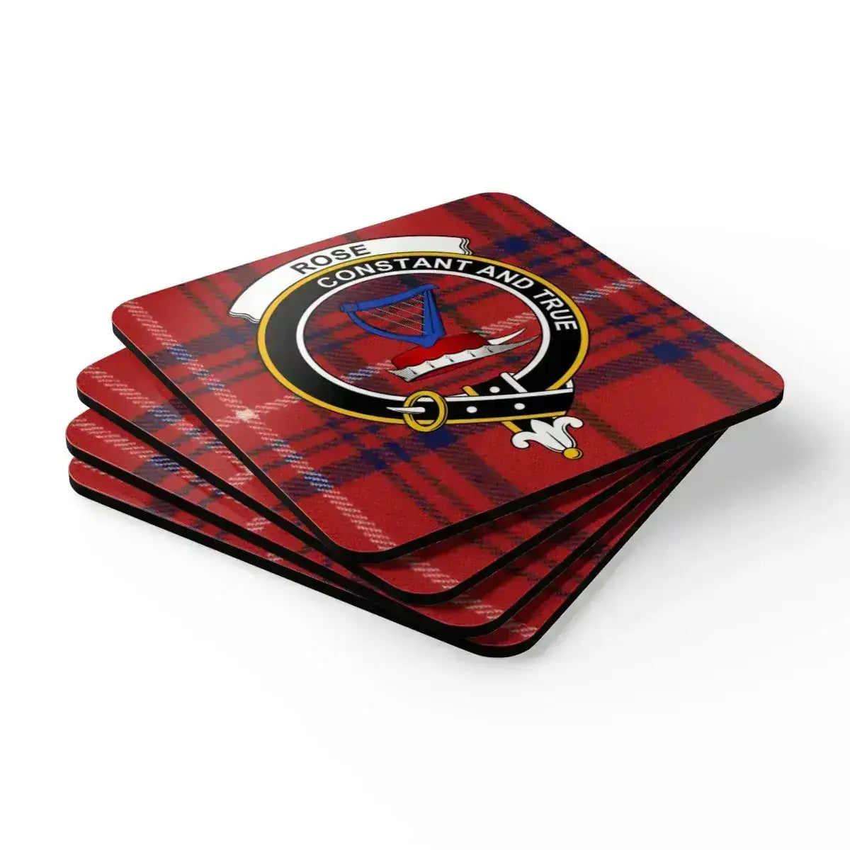 Rose coaster set in use — Scottish clan crest and red plaid on table