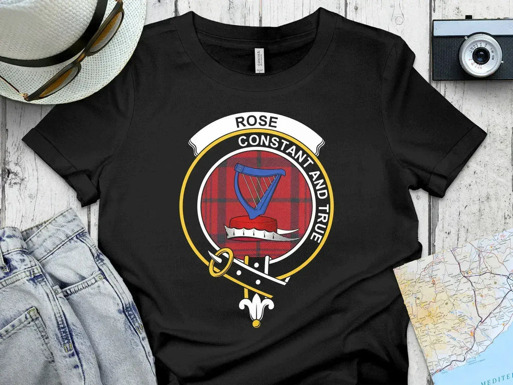 Clan Rose crest tartan t-shirt in black — constant and true harp emblem, front view