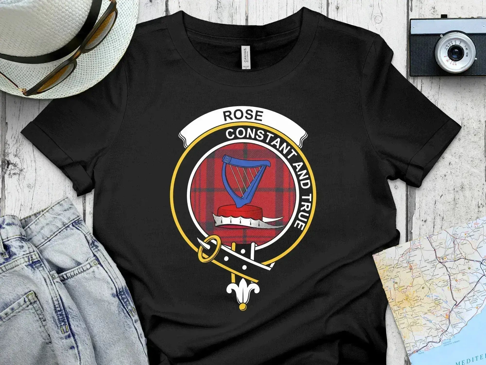 Clan Rose crest tartan t-shirt in black — constant and true harp emblem, front view
