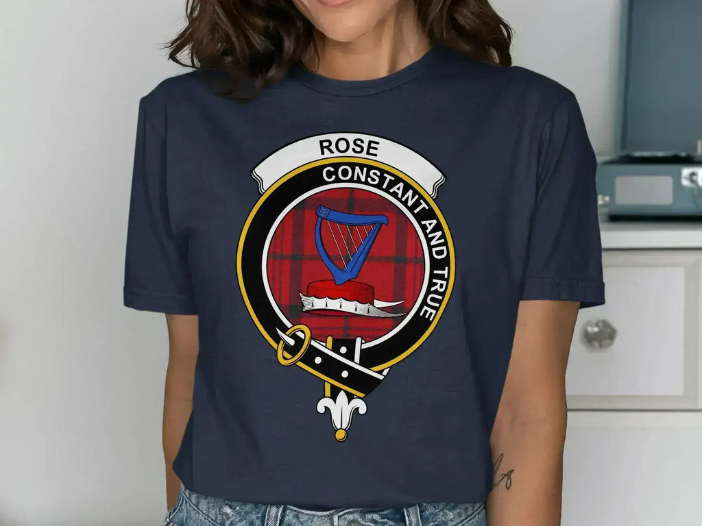 Rose clan badge tee in navy — printed crest on soft cotton