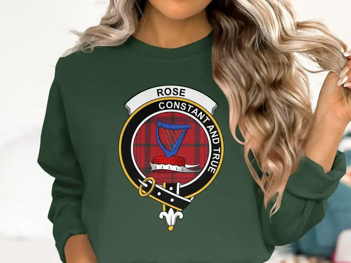 Clan Rose crewneck sweatshirt in navy — harp crest emblem on fleece interior