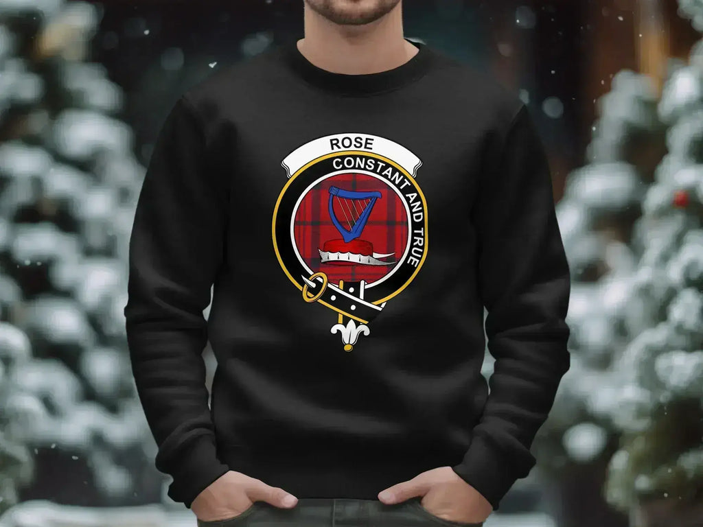 Rose crest sweatshirt in black — constant and true emblem, ribbed cuffs