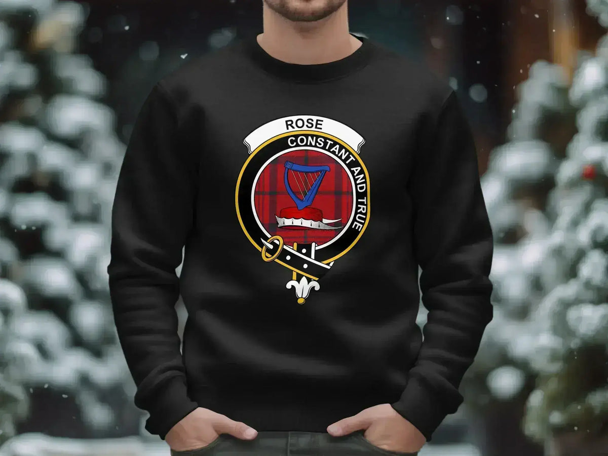 Rose crest sweatshirt in black — constant and true emblem, ribbed cuffs