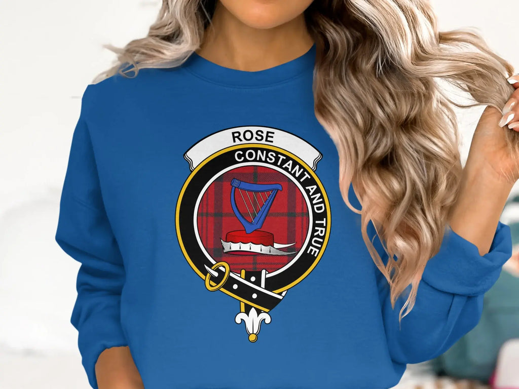 Clan Rose sweatshirt in royal blue — tartan crest on crewneck fleece
