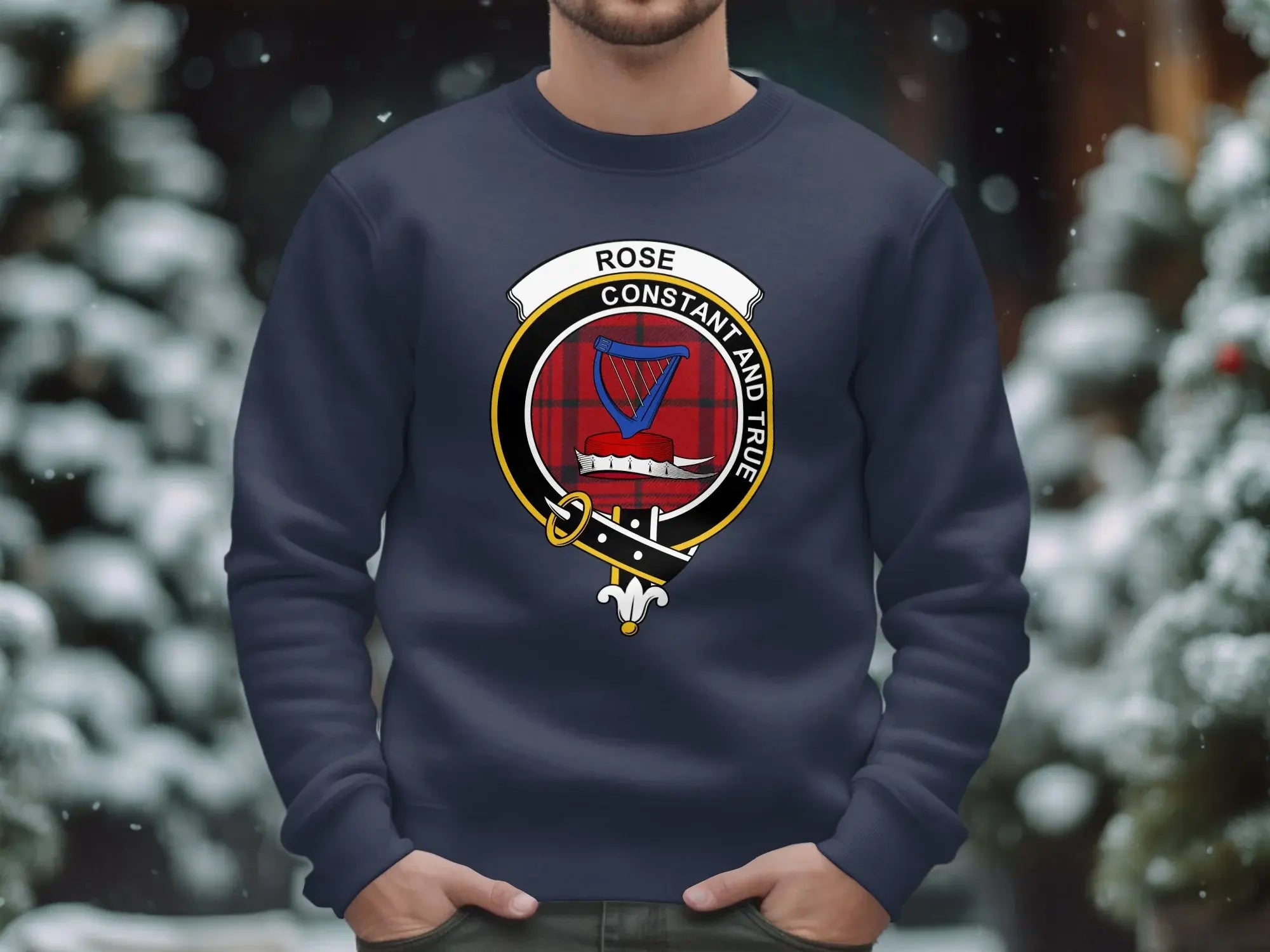 Rose clan crest sweatshirt in navy — Scottish heritage emblem design