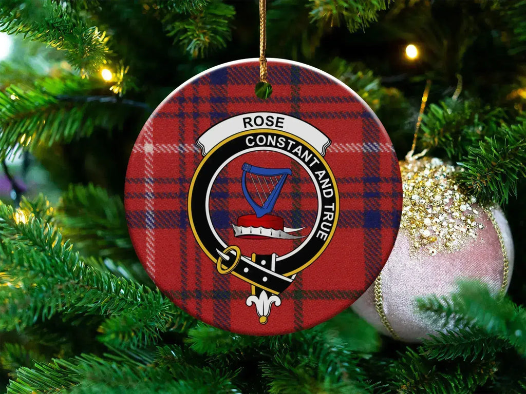 Clan Rose tartan crest ceramic ornament — 3 inch, double-sided with gold string
