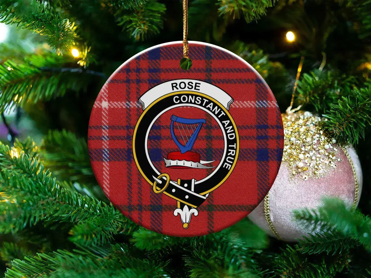 Clan Rose tartan crest ceramic ornament — 3 inch, double-sided with gold string