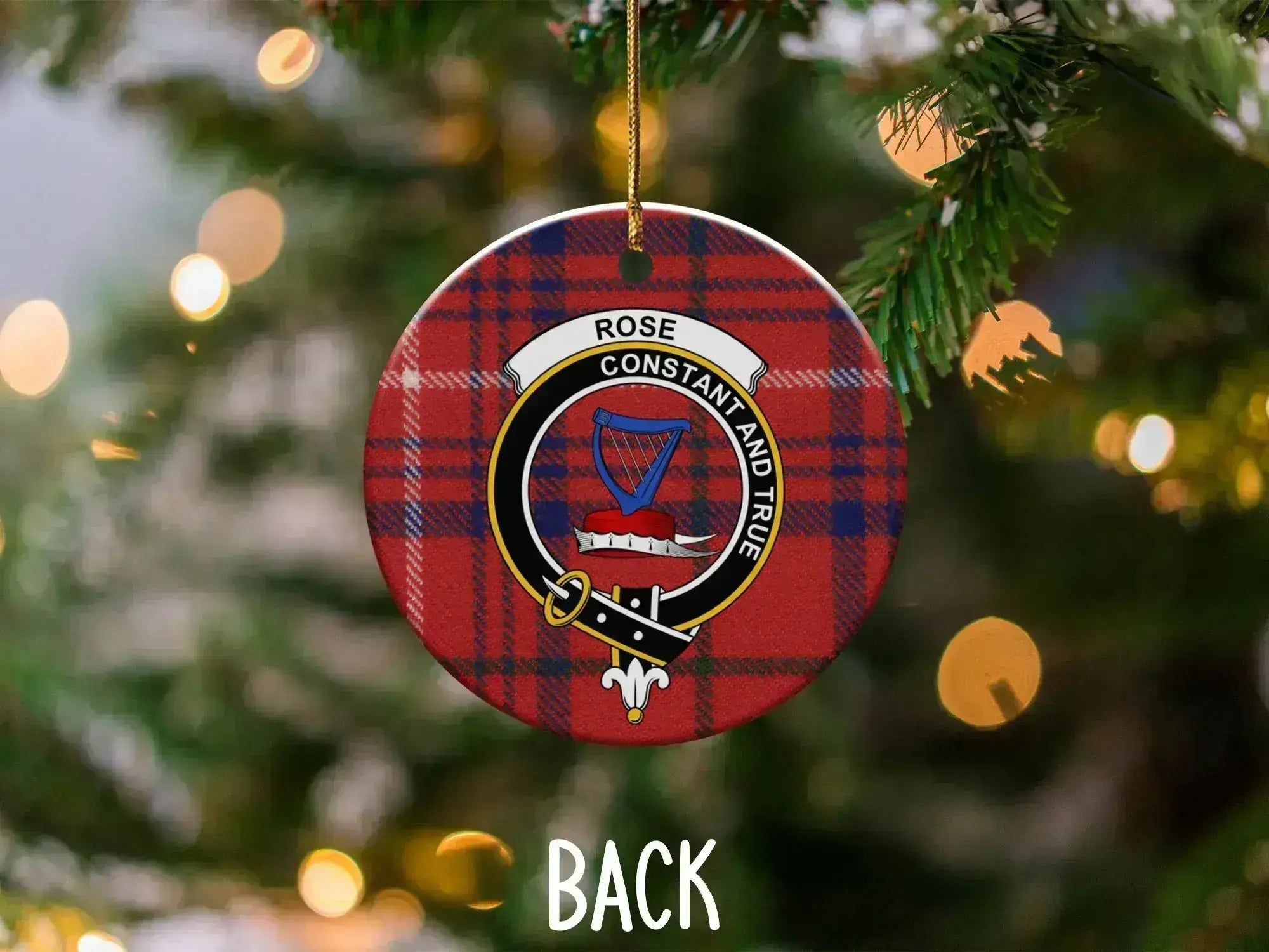 Rose constant and true tartan ornament front view — harp crest and red plaid