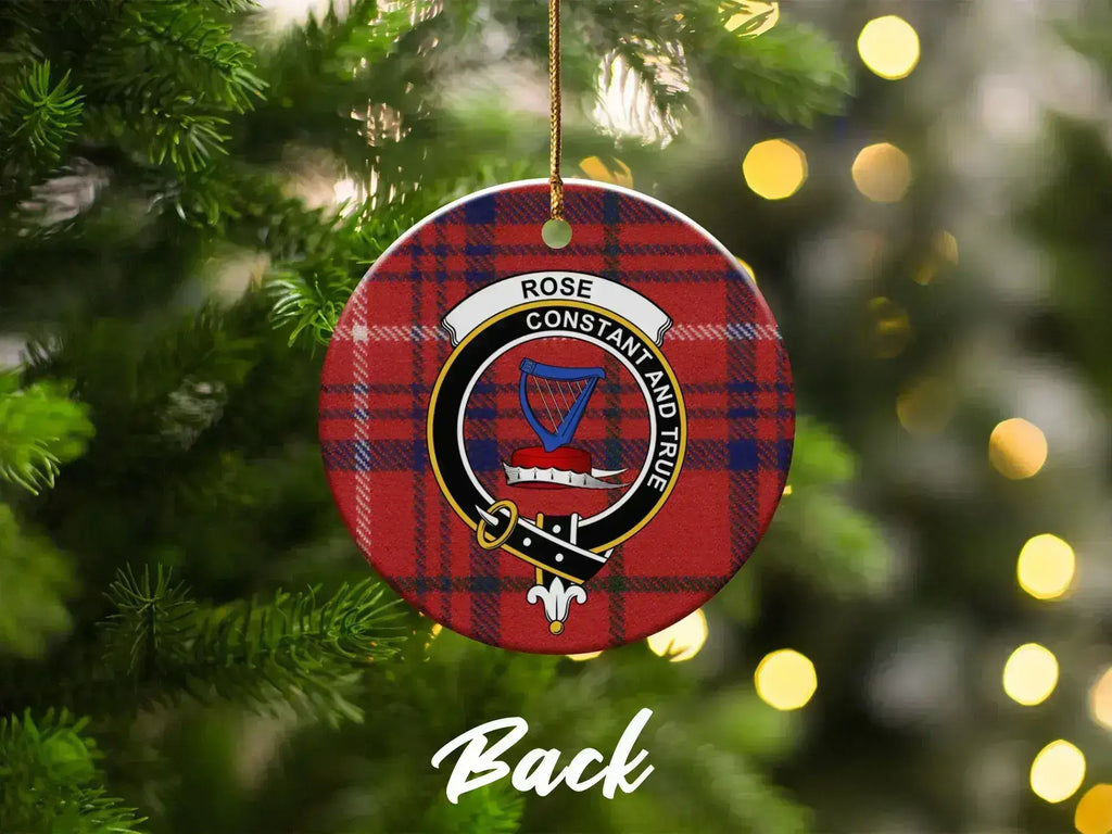 Clan Rose ceramic Christmas ornament — red plaid with clan crest, on tree
