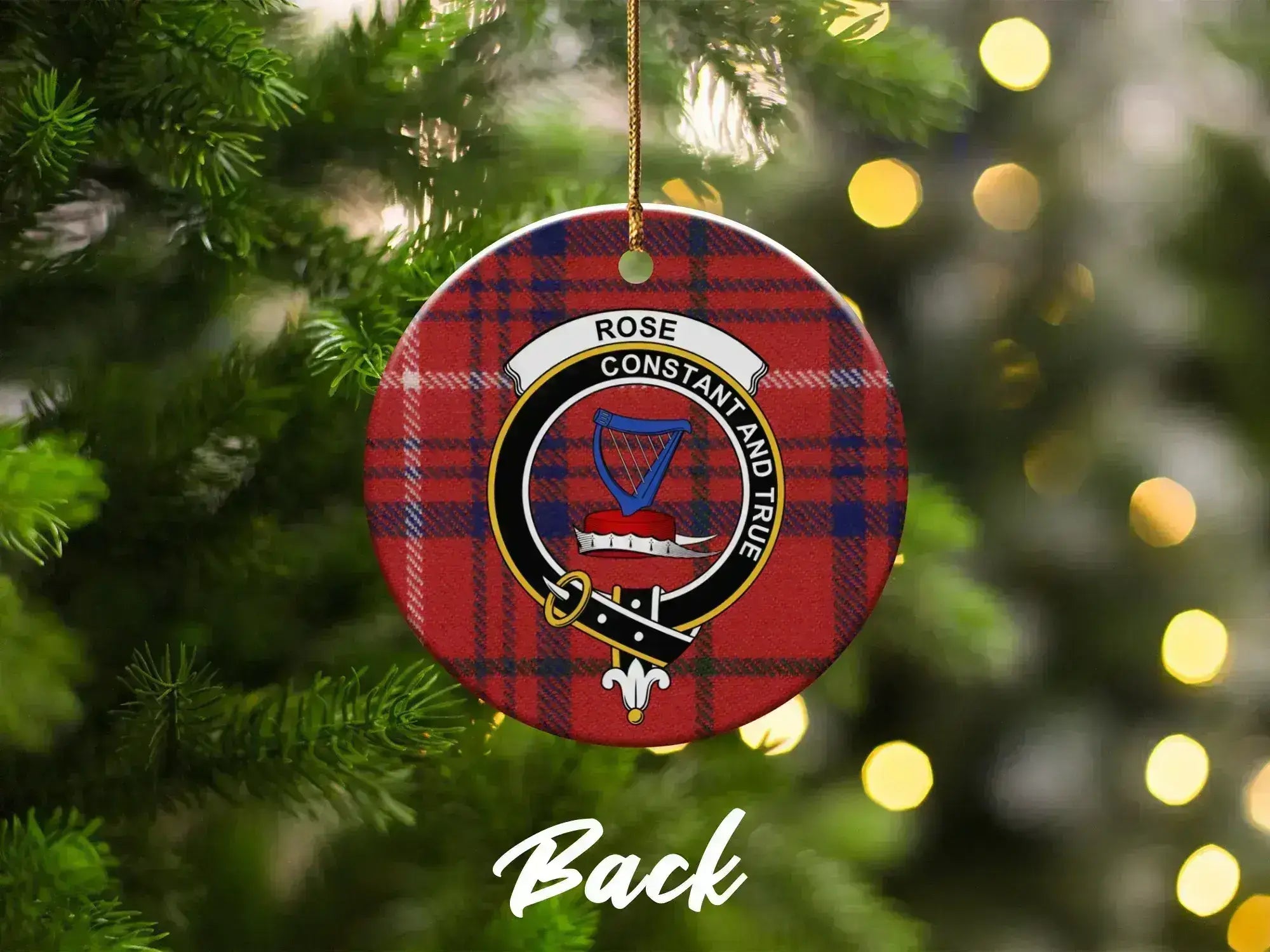Clan Rose ceramic Christmas ornament — red plaid with clan crest, on tree