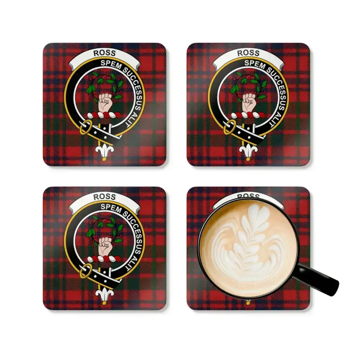 Ross spem successus alit clan crest coasters — tartan design, full set view