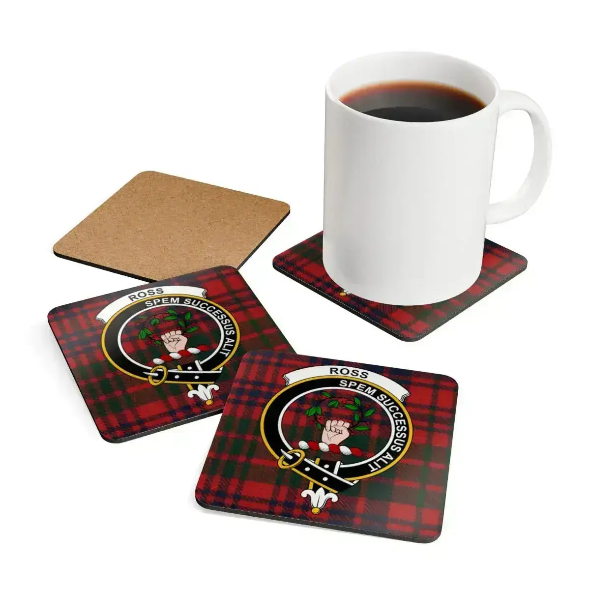 Clan Ross tartan coaster close-up — vibrant crest print on cork base