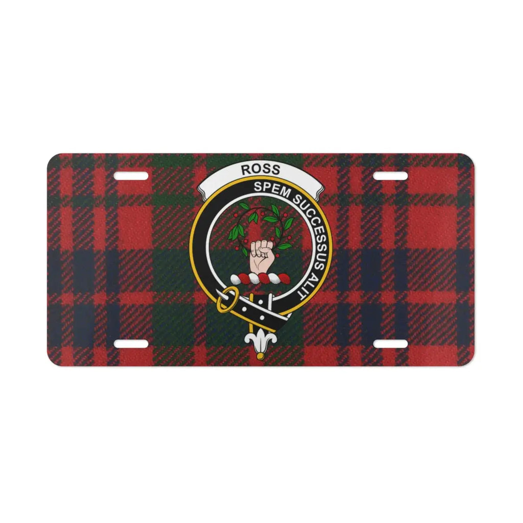 Ross spem successus alit tartan crest license plate displayed flat — vivid red plaid