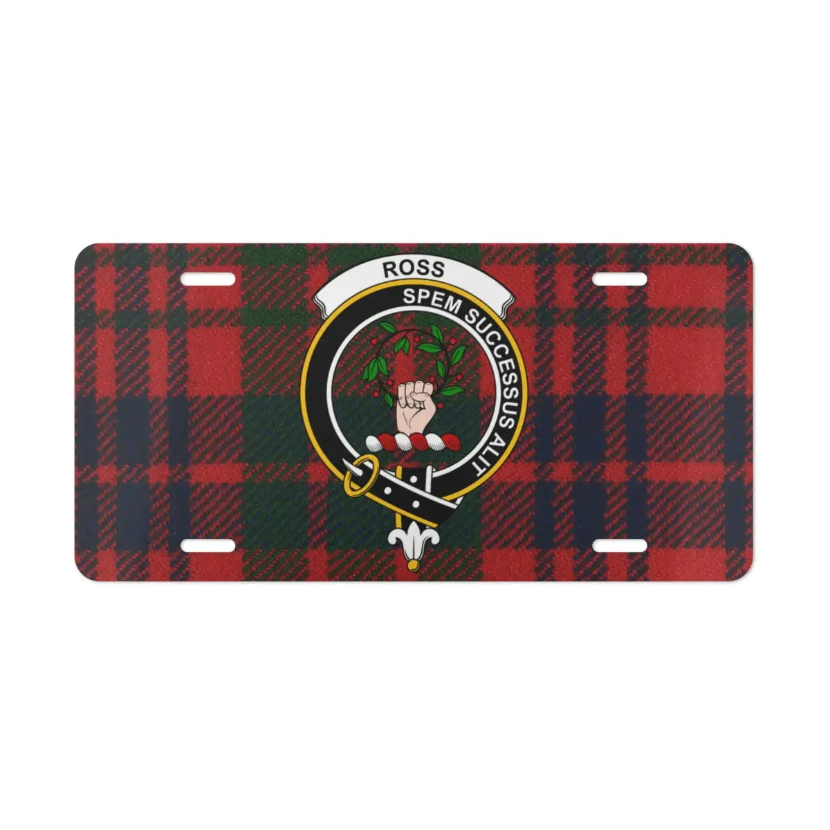 Ross spem successus alit tartan crest license plate displayed flat — vivid red plaid