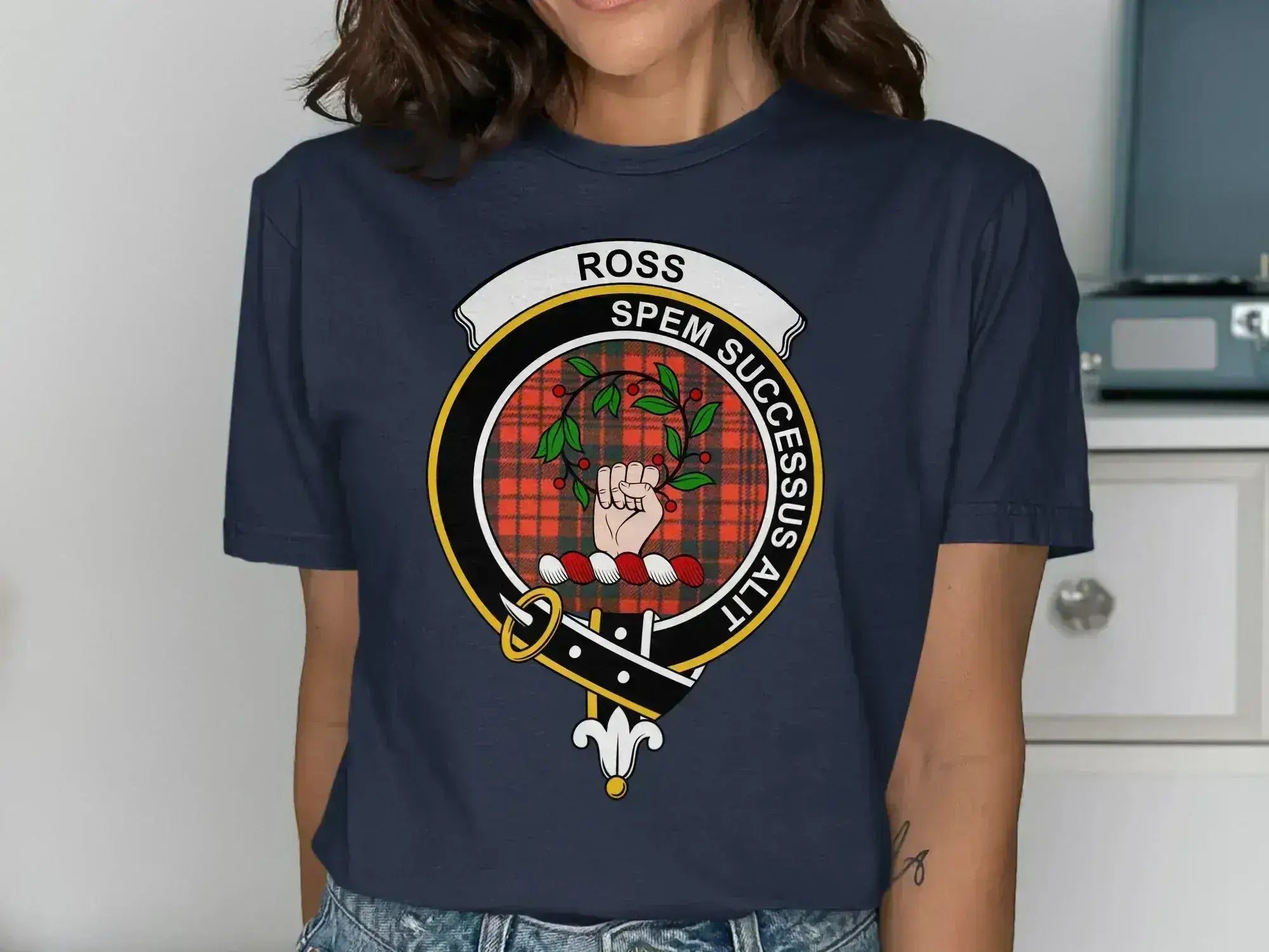 Ross clan crest tee in navy — Scottish tartan design, relaxed fit