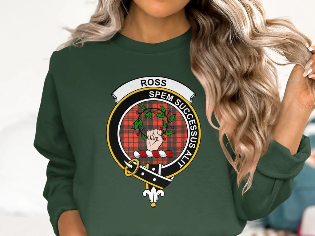 Clan Ross crewneck sweatshirt in navy — spem successus alit crest, fleece interior