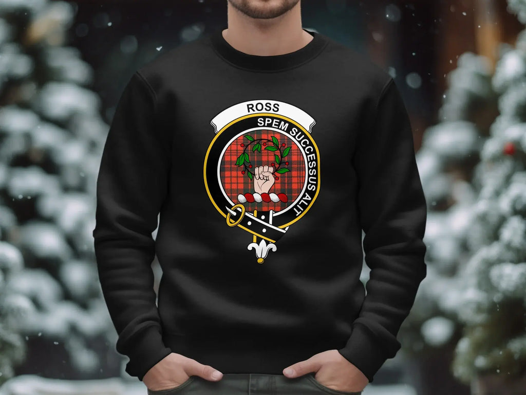 Ross crest sweatshirt in black — Scottish clan emblem, ribbed cuffs