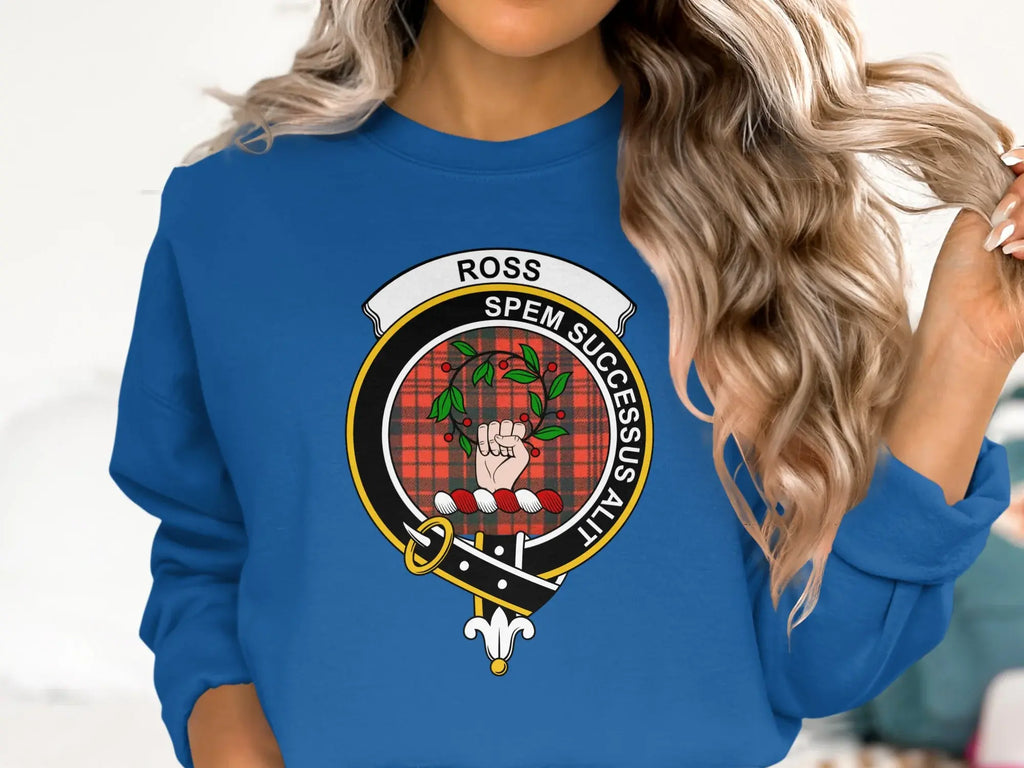 Clan Ross sweatshirt in royal blue — tartan crest on crewneck fleece