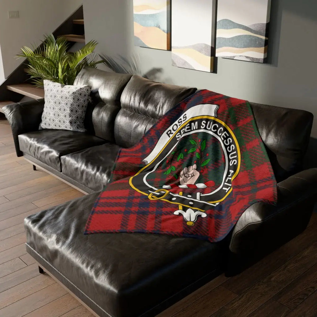 Clan Ross crest tartan throw blanket — lightweight 100% polyester, full design view