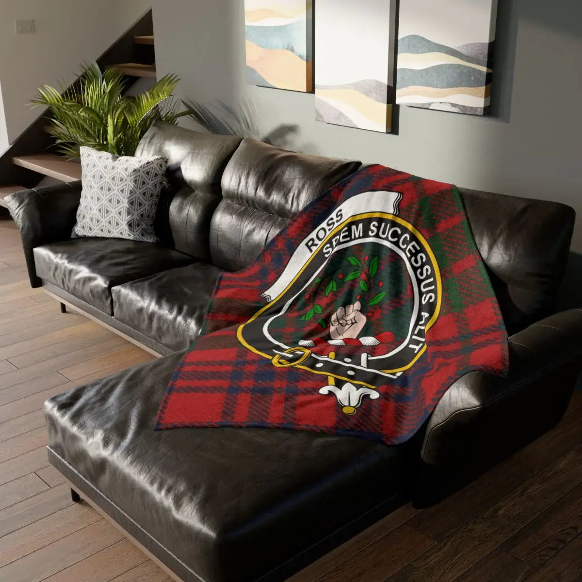 Clan Ross crest tartan throw blanket — lightweight 100% polyester, full design view