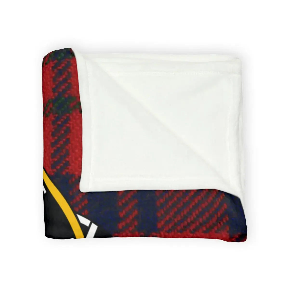 Ross tartan throw blanket on sofa — red and blue plaid with clan crest