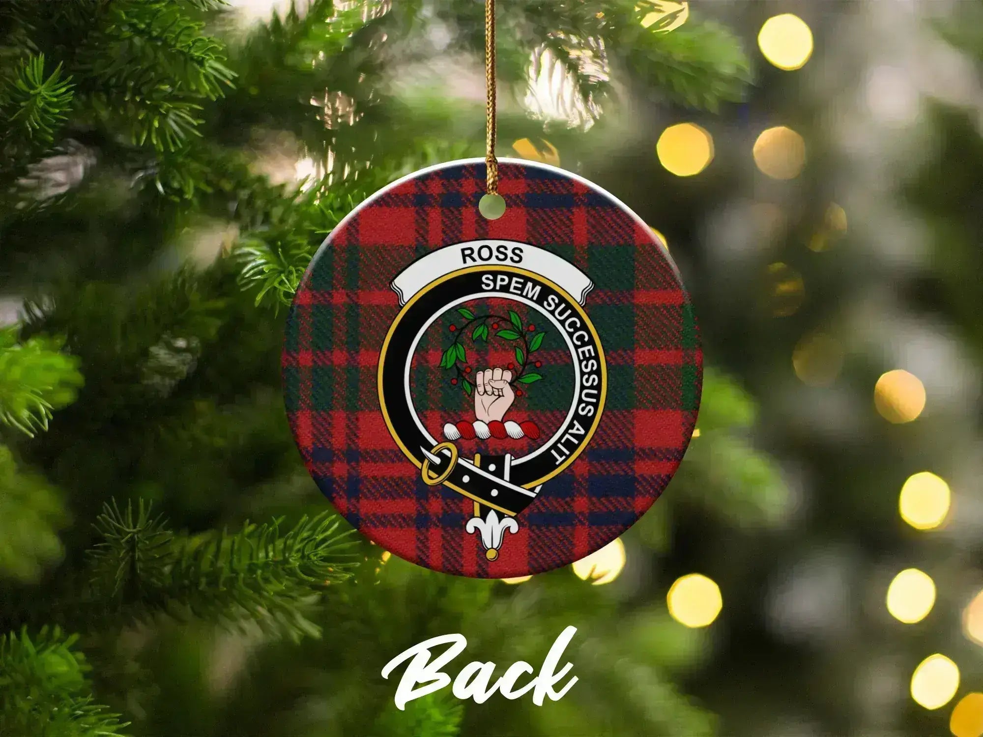Clan Ross ceramic Christmas ornament — tartan crest, double-sided design
