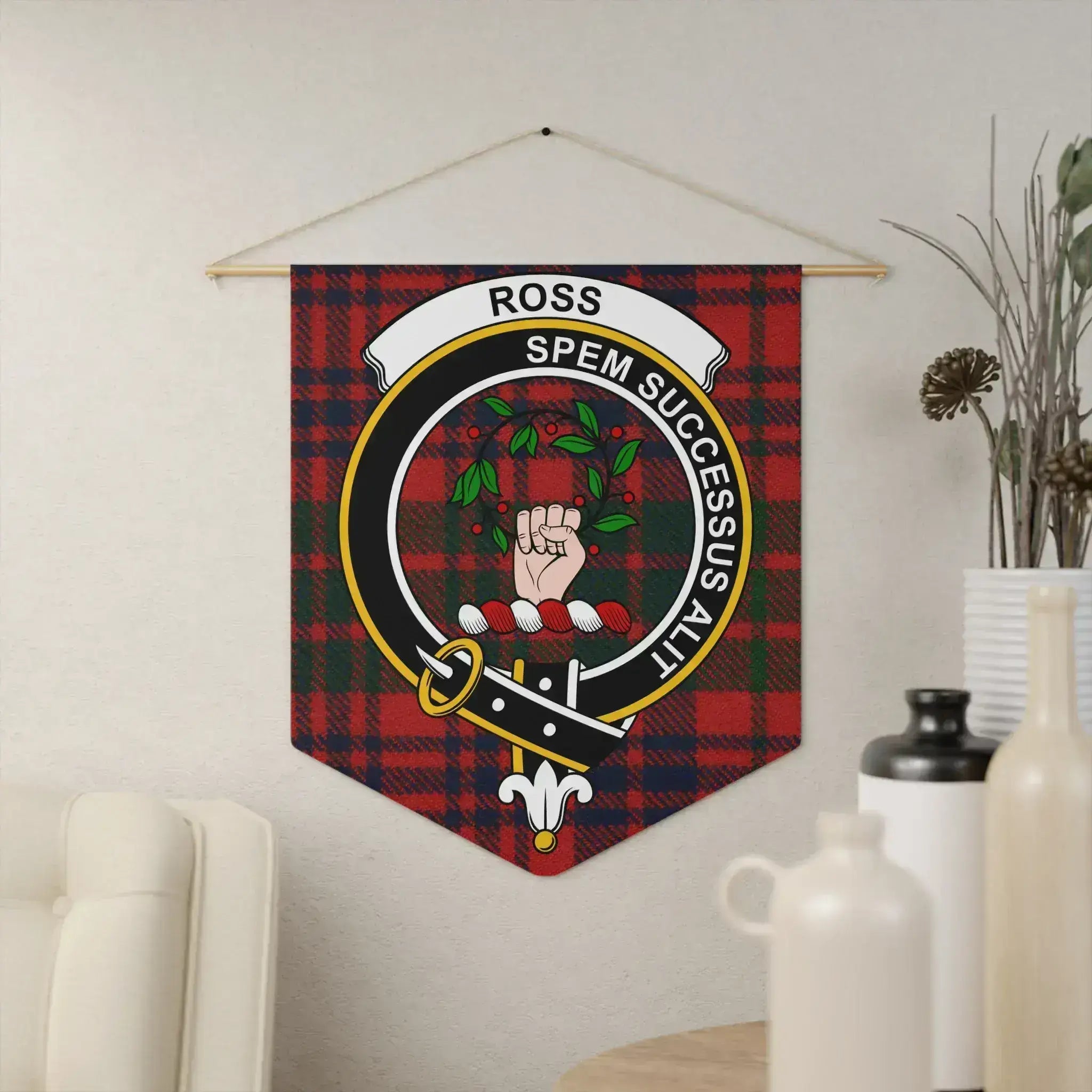 Clan Ross crest tartan pennant — 18x21 inch polyester twill with wooden dowel