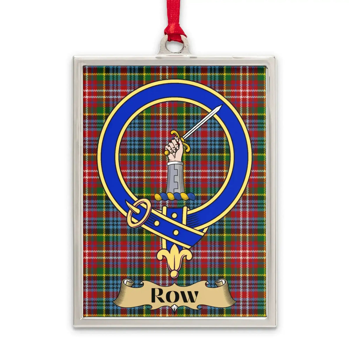 Row tartan-background crest ornament shown as a Scottish heritage keepsake gift