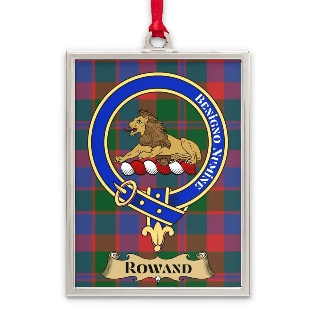 Rowand tartan-background crest ornament shown as a Scottish heritage keepsake gift