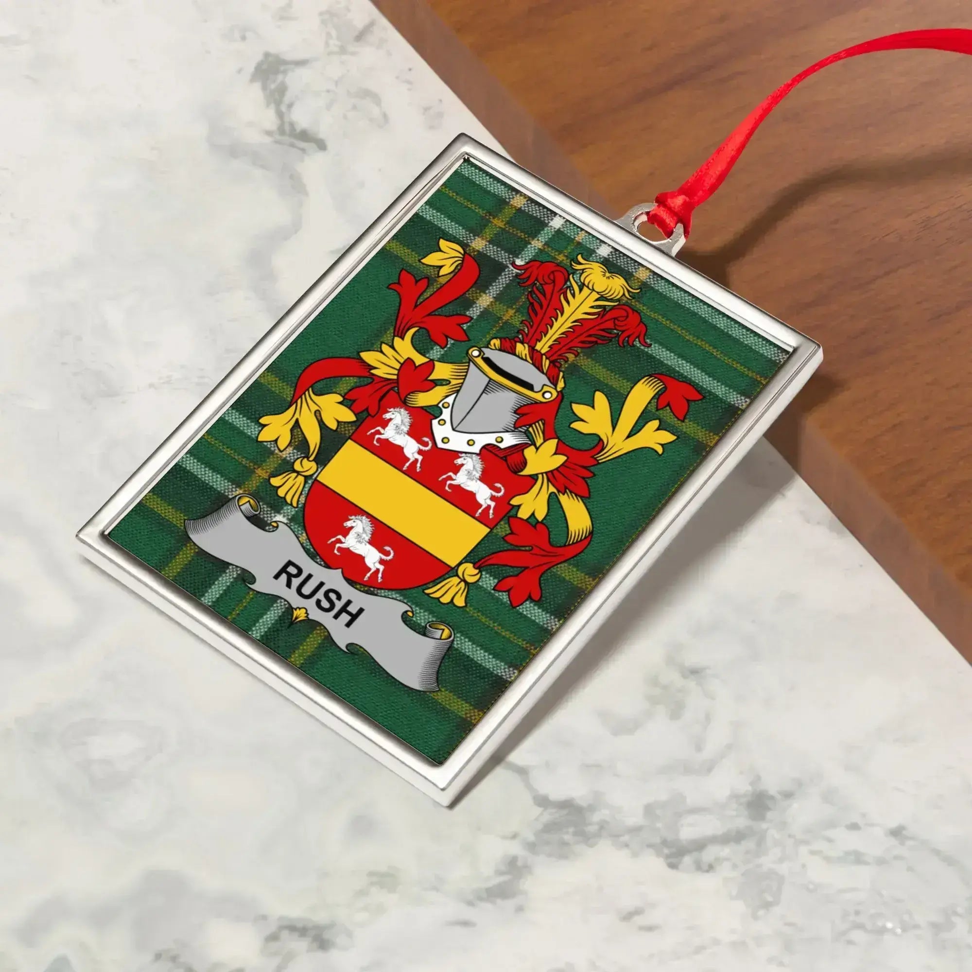 Rush Coat of Arms Crest on Plaid Background Ornament product