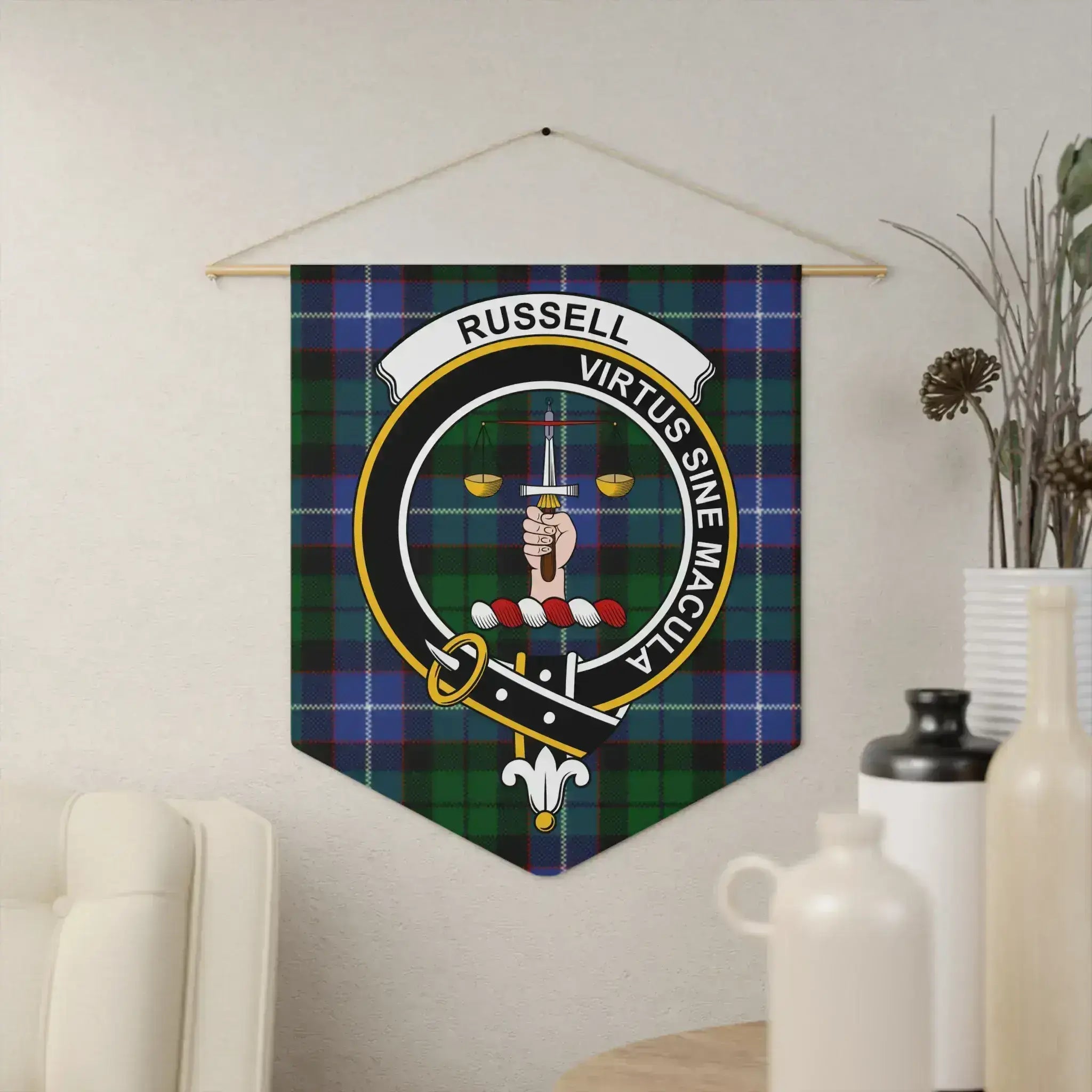 Russell clan crest tartan pennant — 18x21 inch polyester twill with wooden dowel