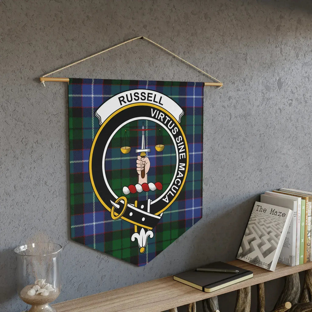 Russell Virtus Sine Macula pennant on wall — tartan design, laser-cut edge