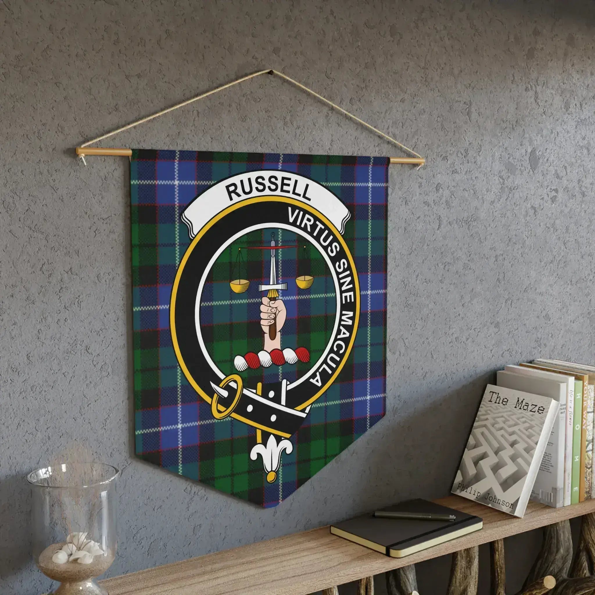 Russell Virtus Sine Macula pennant on wall — tartan design, laser-cut edge