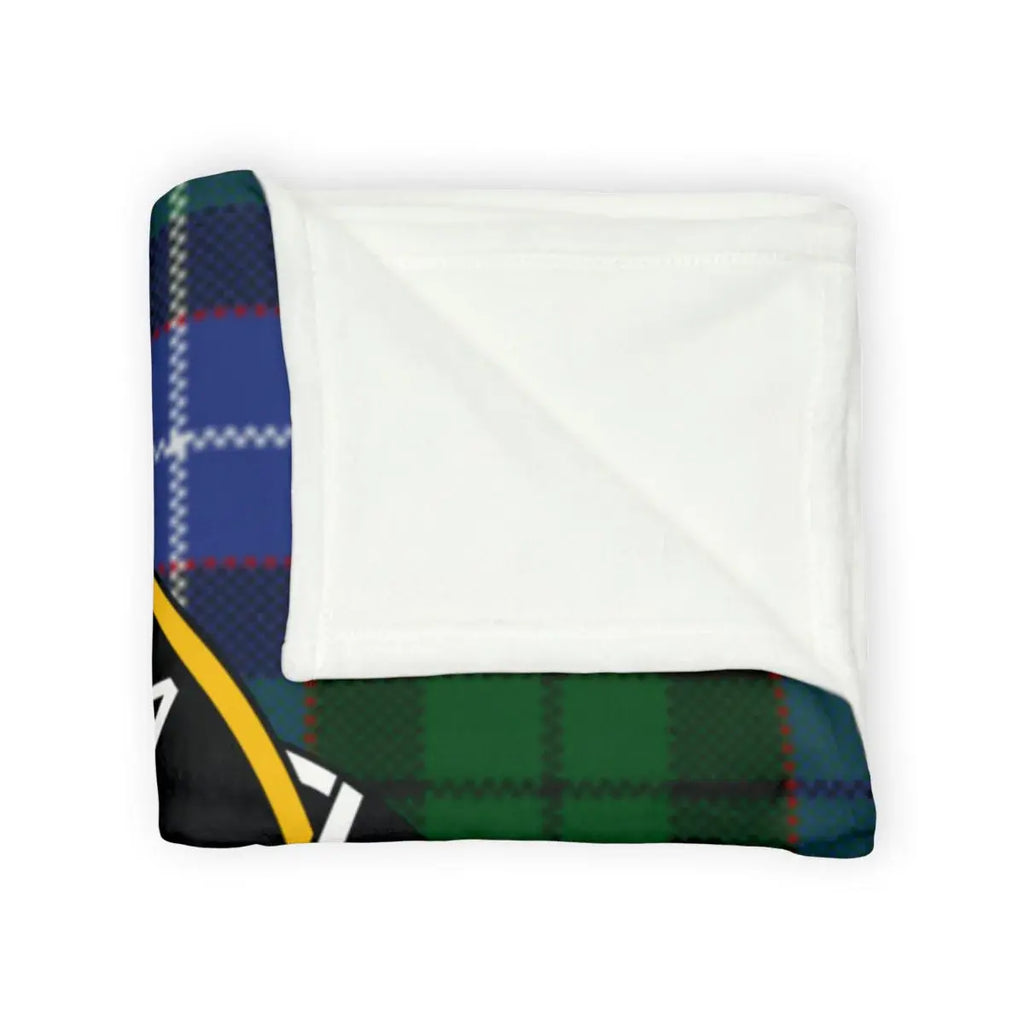 Russell clan tartan throw blanket folded — clan plaid design, soft polyester