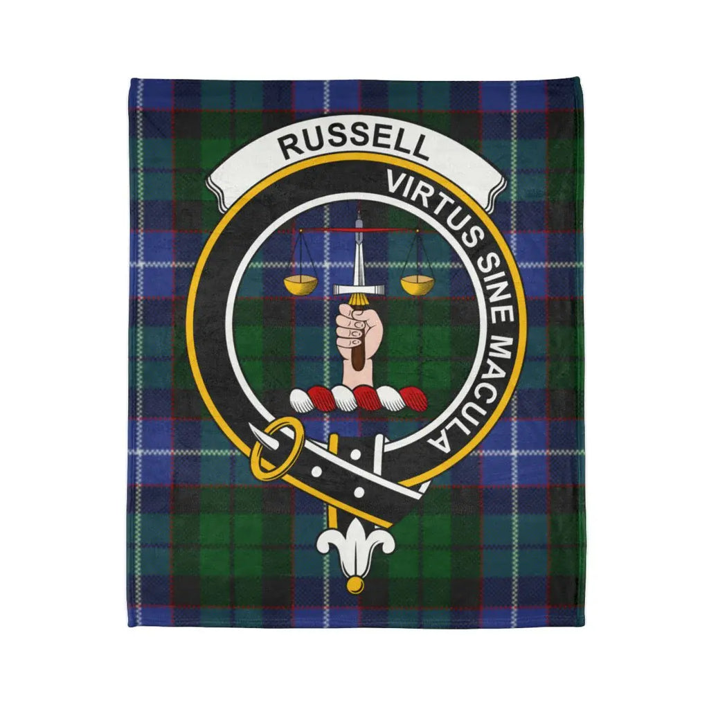 Russell Virtus Sine Macula tartan throw blanket — clan crest at centre