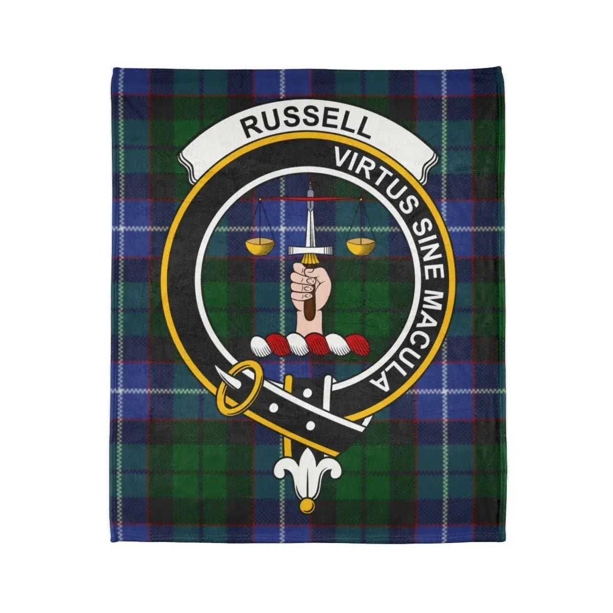 Russell Virtus Sine Macula tartan throw blanket — clan crest at centre