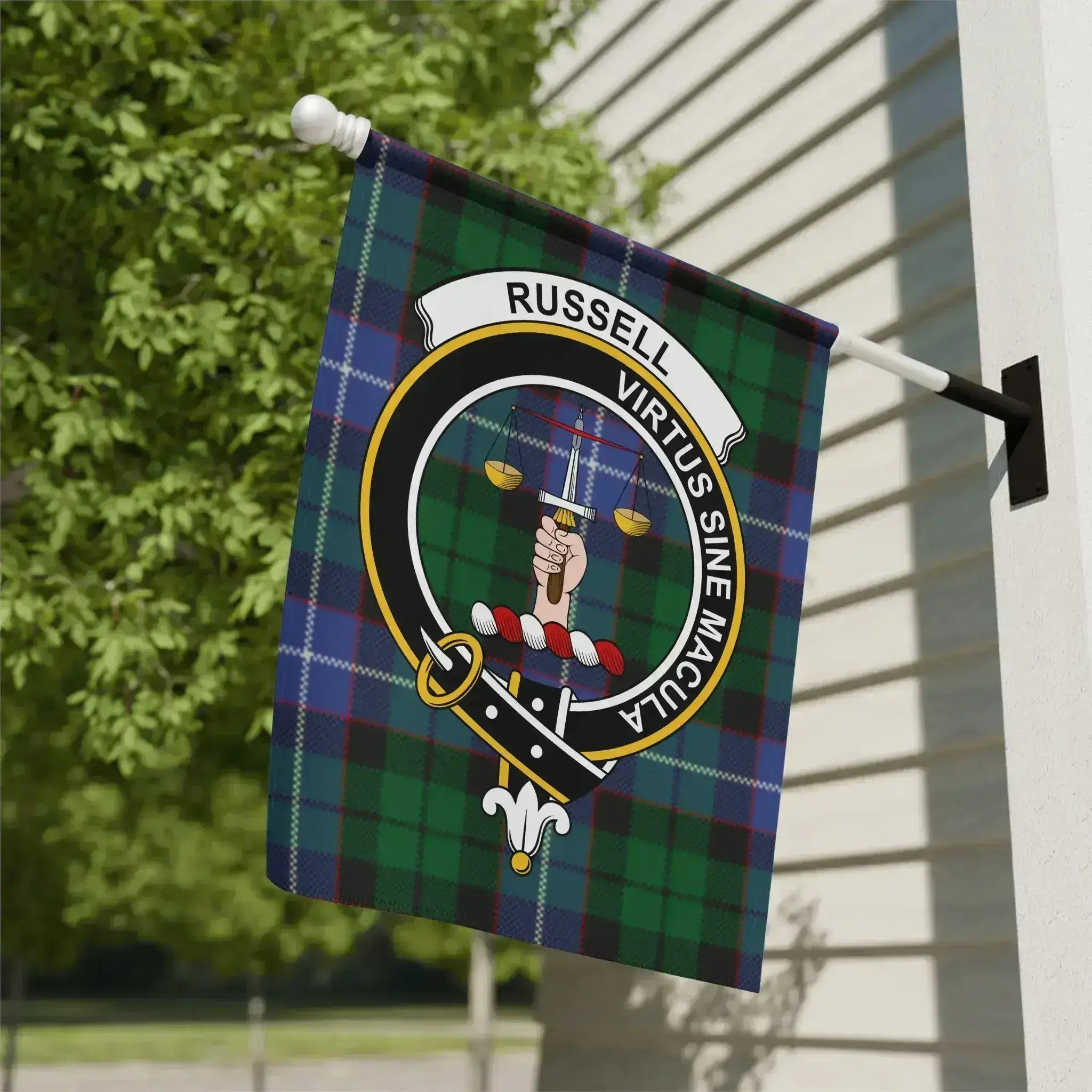 Russell clan tartan garden flag — 12x18 inch poly poplin-canvas, Virtus Sine Macula