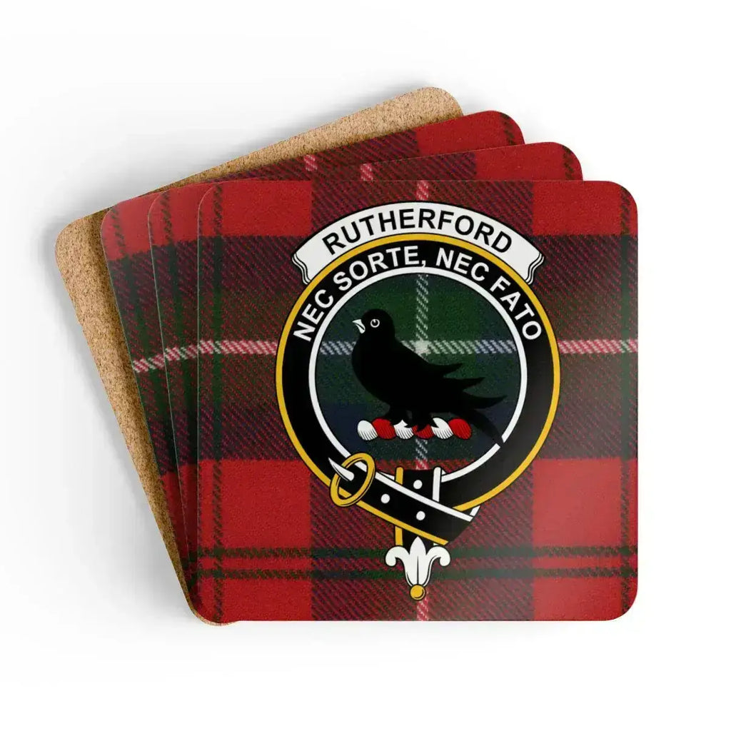 Clan Rutherford tartan crest coaster — glossy printed square cork, 3.75" x 3.75"