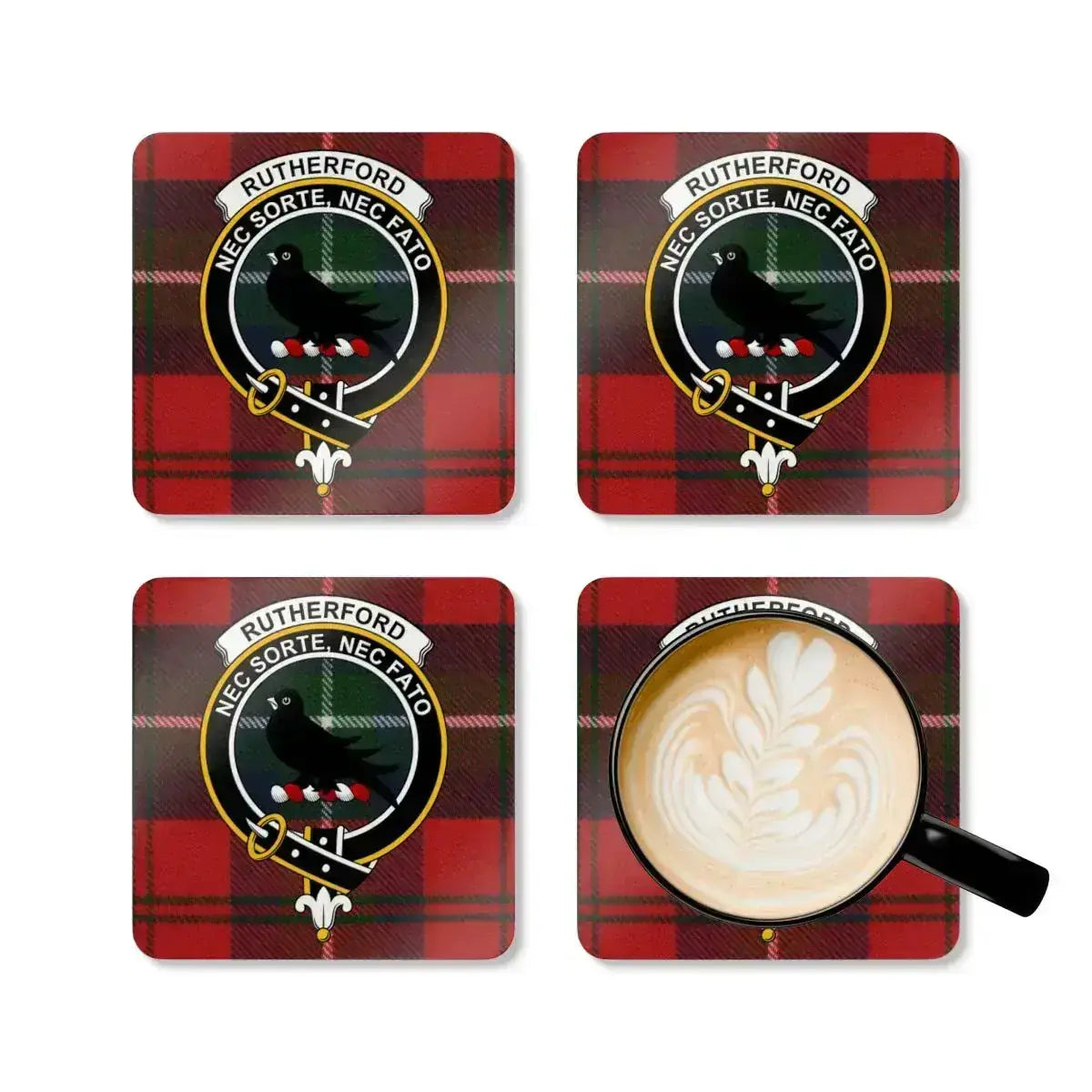Rutherford clan emblem plaid pattern coasters — full-colour crest print on natural cork base