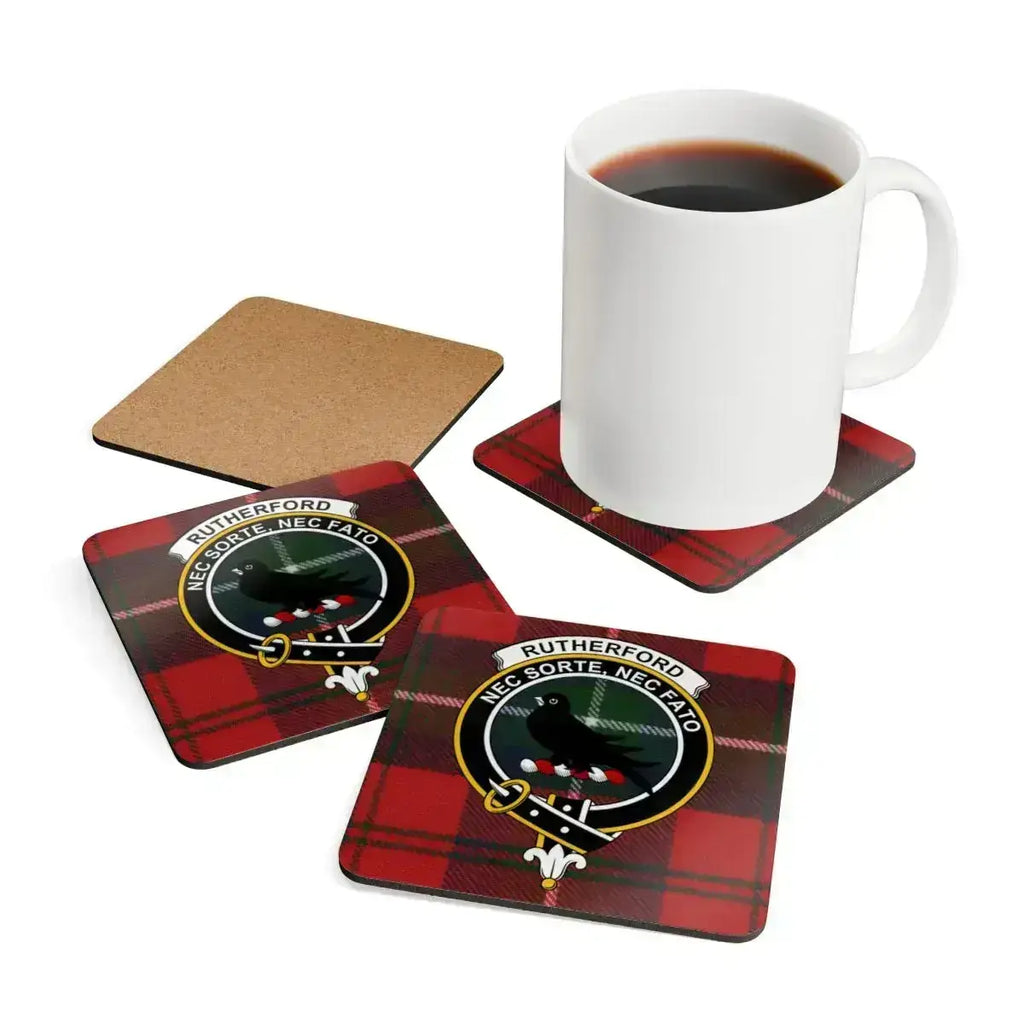 Scottish clan Rutherford plaid pattern coaster — Nec Sorte Nec Fato, set of 4, cork backed