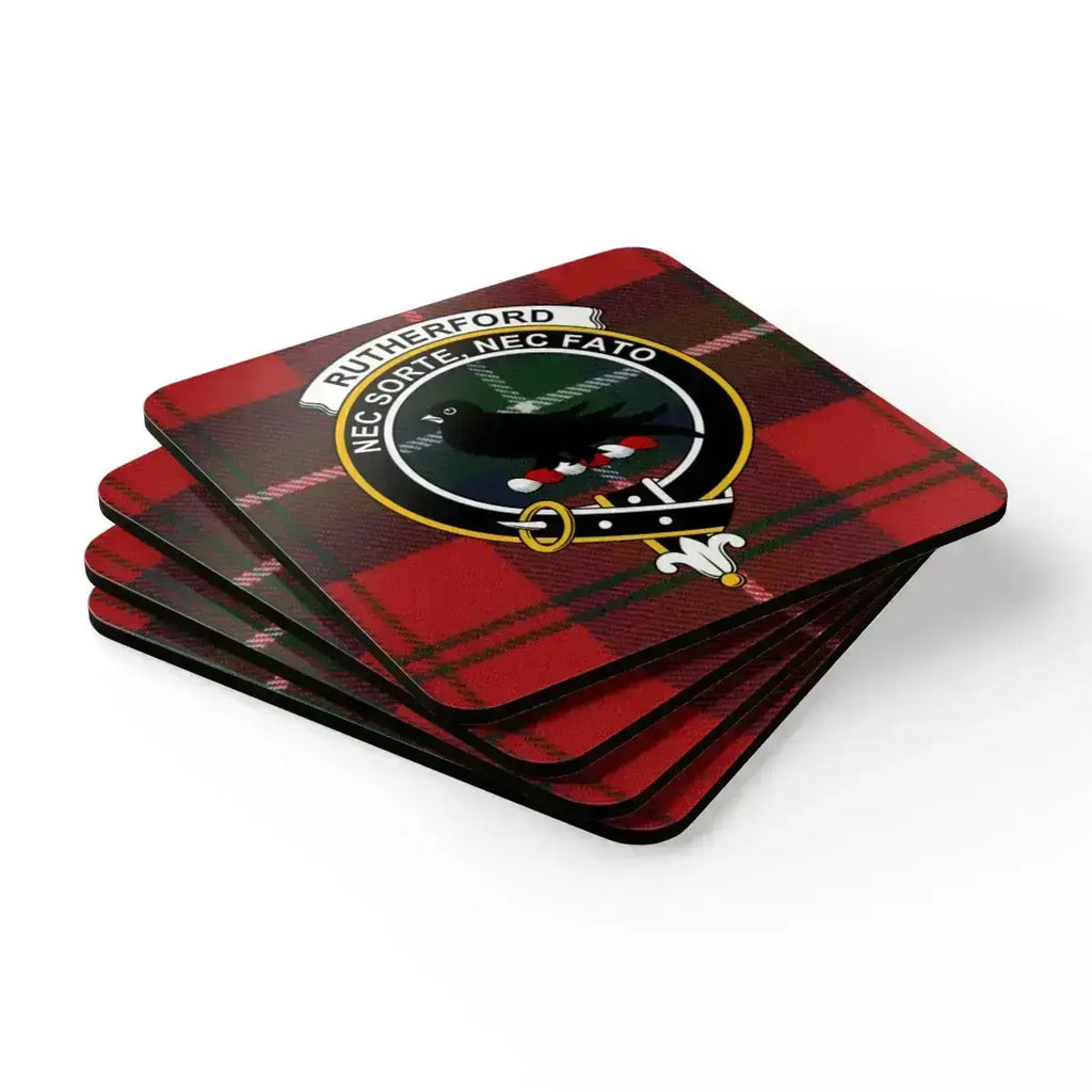 Rutherford Nec Sorte Nec Fato plaid coaster set — 4 square cork coasters, Scottish clan crest