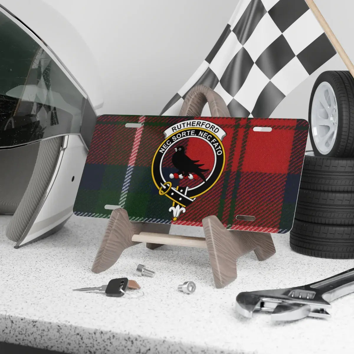 Clan Rutherford tartan novelty license plate — Nec Sorte Nec Fato crest, 12" x 6" aluminium