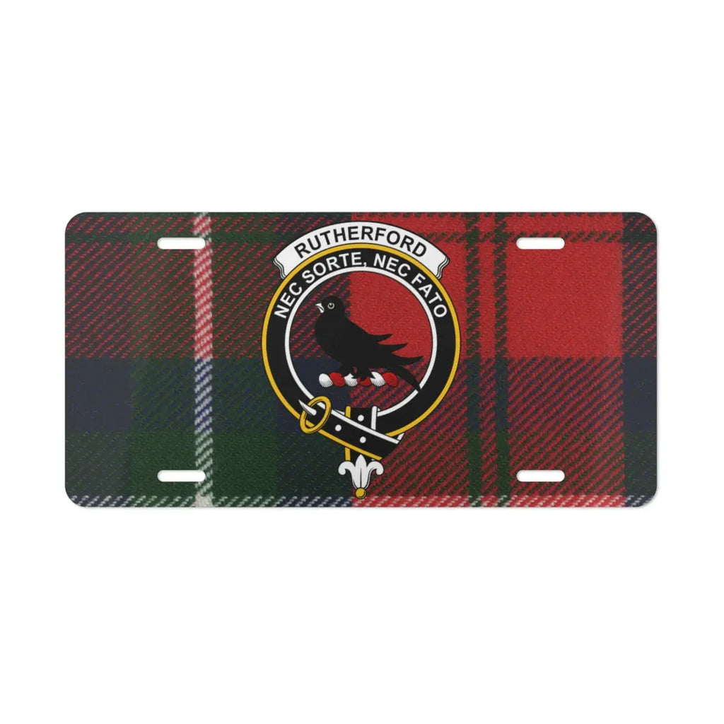 Clan Rutherford Scottish plaid crest license plate — full-colour heritage design, 12" x 6"