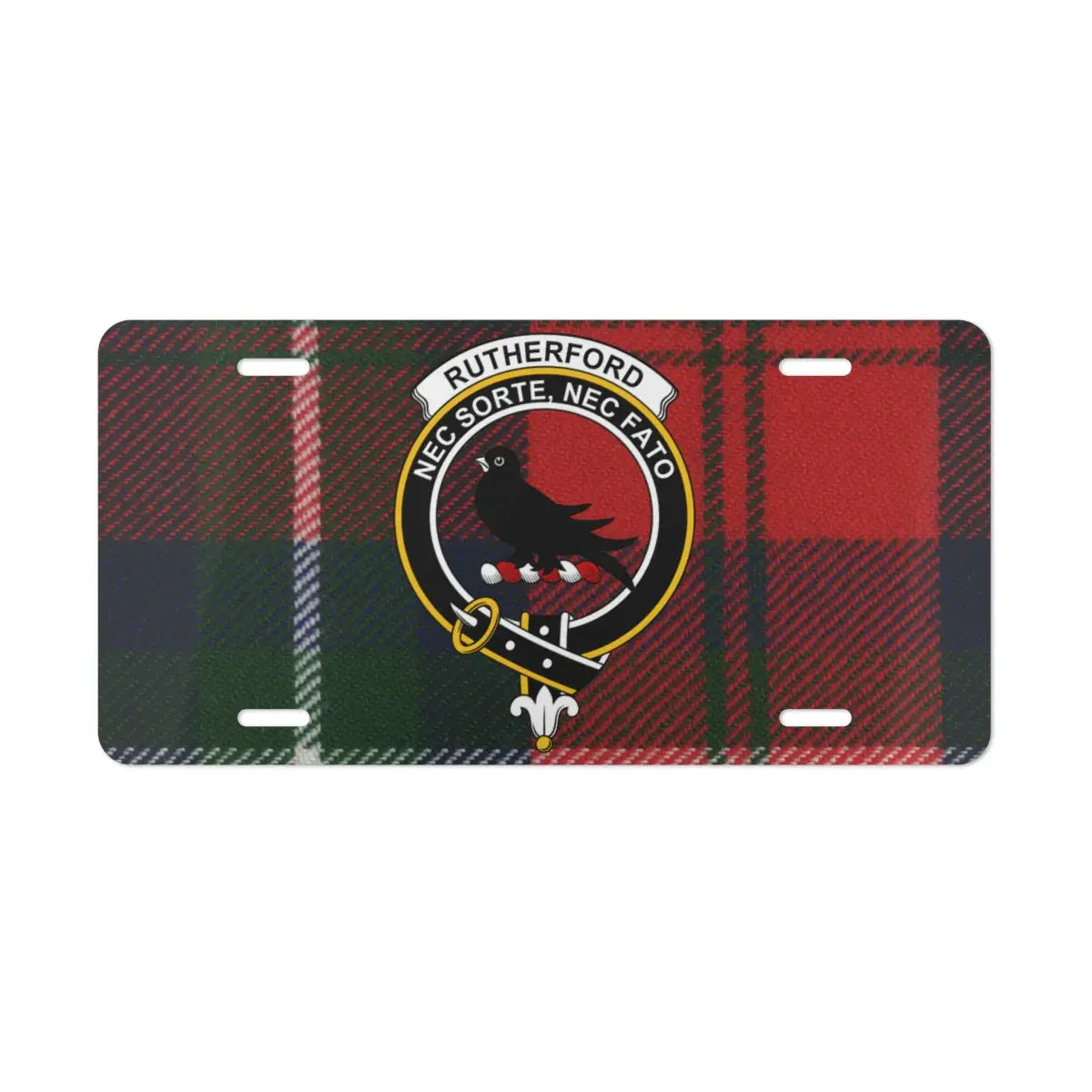 Clan Rutherford Scottish plaid crest license plate — full-colour heritage design, 12" x 6"