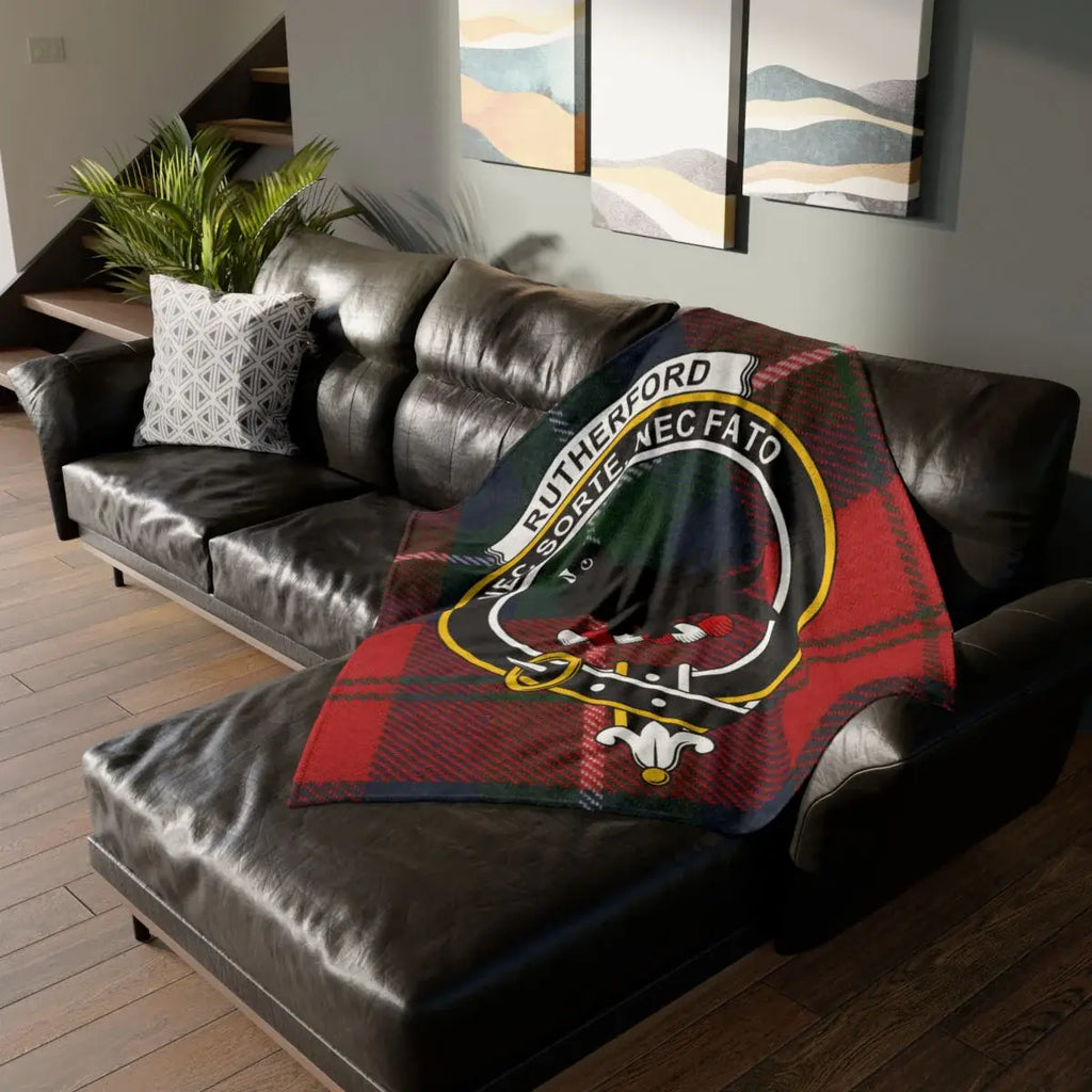 Clan Rutherford tartan throw blanket — Nec Sorte Nec Fato crest on lightweight polyester, 50" x 60"
