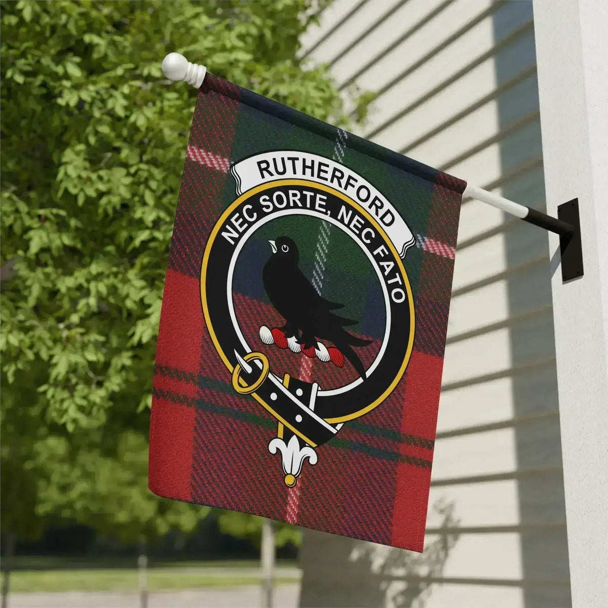 Clan Rutherford tartan crest garden flag — 12" x 18" poly canvas with Nec Sorte Nec Fato motto