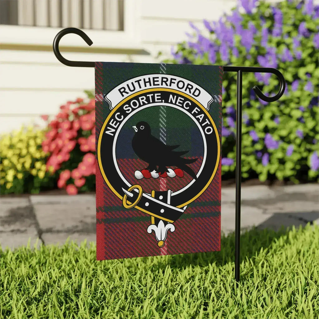 Rutherford Nec Sorte Nec Fato clan crest outdoor flag — 24.5" x 32" Scottish tartan garden flag