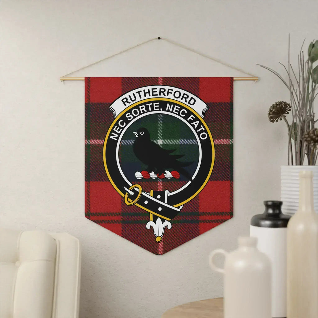 Clan Rutherford tartan crest pennant — 18" x 21" polyester twill with Nec Sorte Nec Fato motto, wooden dowel